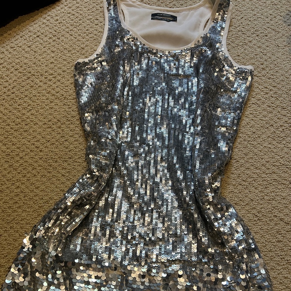 Club Monaco Silver Sequin racer-back Swing Dress